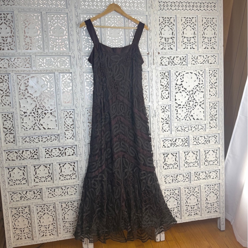Vtg Chocolate Brown Crochet Beaded Formal Dress‎ Sz L Boho Fairy Romantic 90's